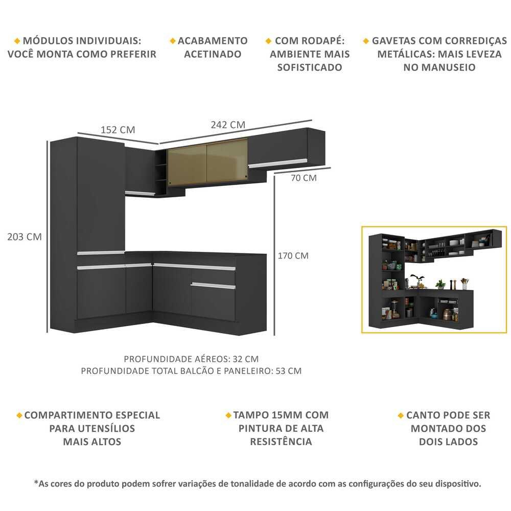 Armário de Cozinha Completa de Canto com Rodapé Veneza Multimóveis V2086  Preto/Branco