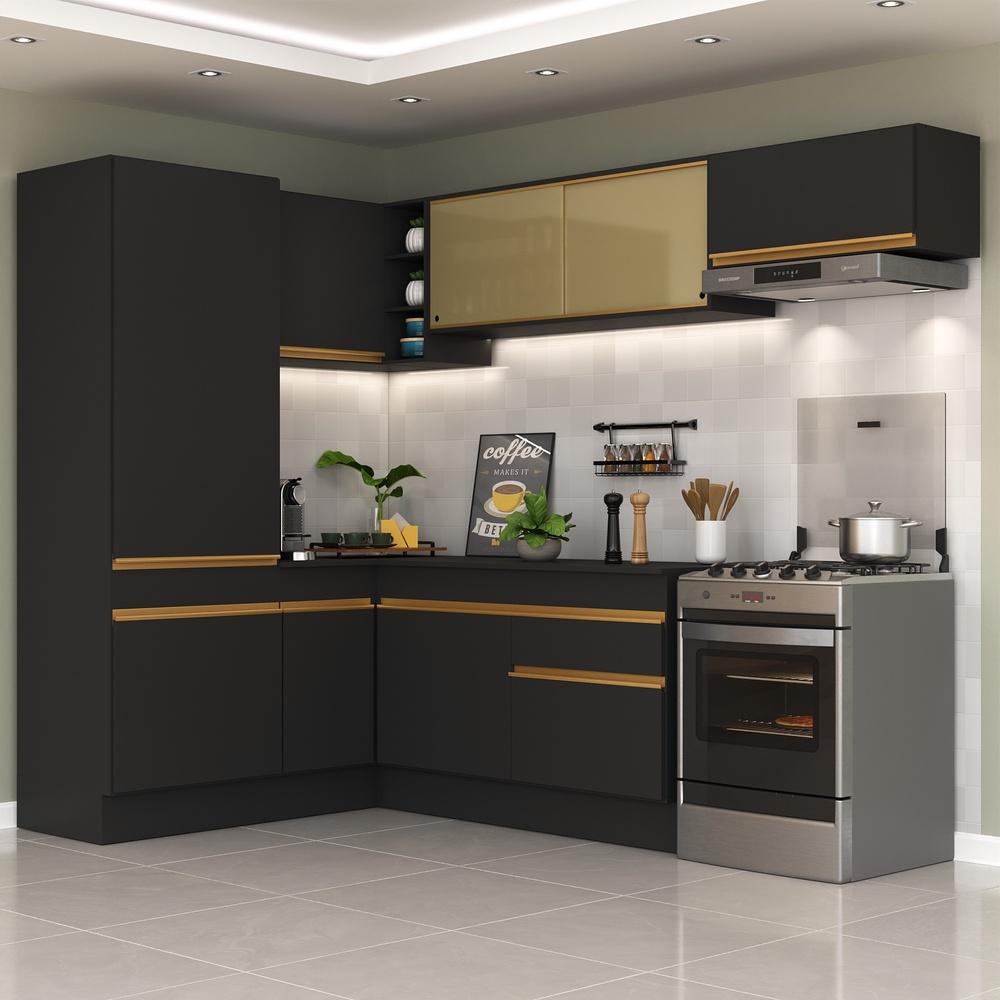 Armário de Cozinha Completa de Canto com Rodapé Veneza Multimóveis V2086  Preto/Dourado