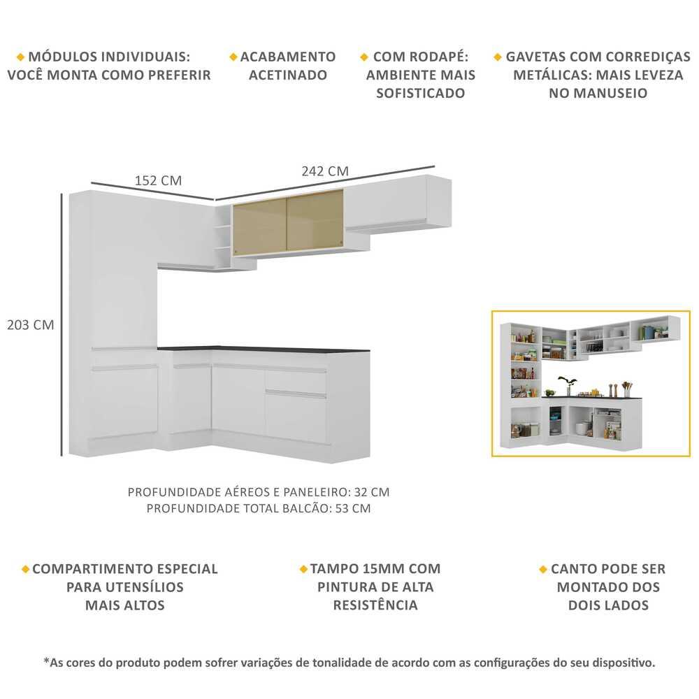 Armário de Cozinha Completa de Canto com Rodapé Veneza Multimóveis V2087  Branco