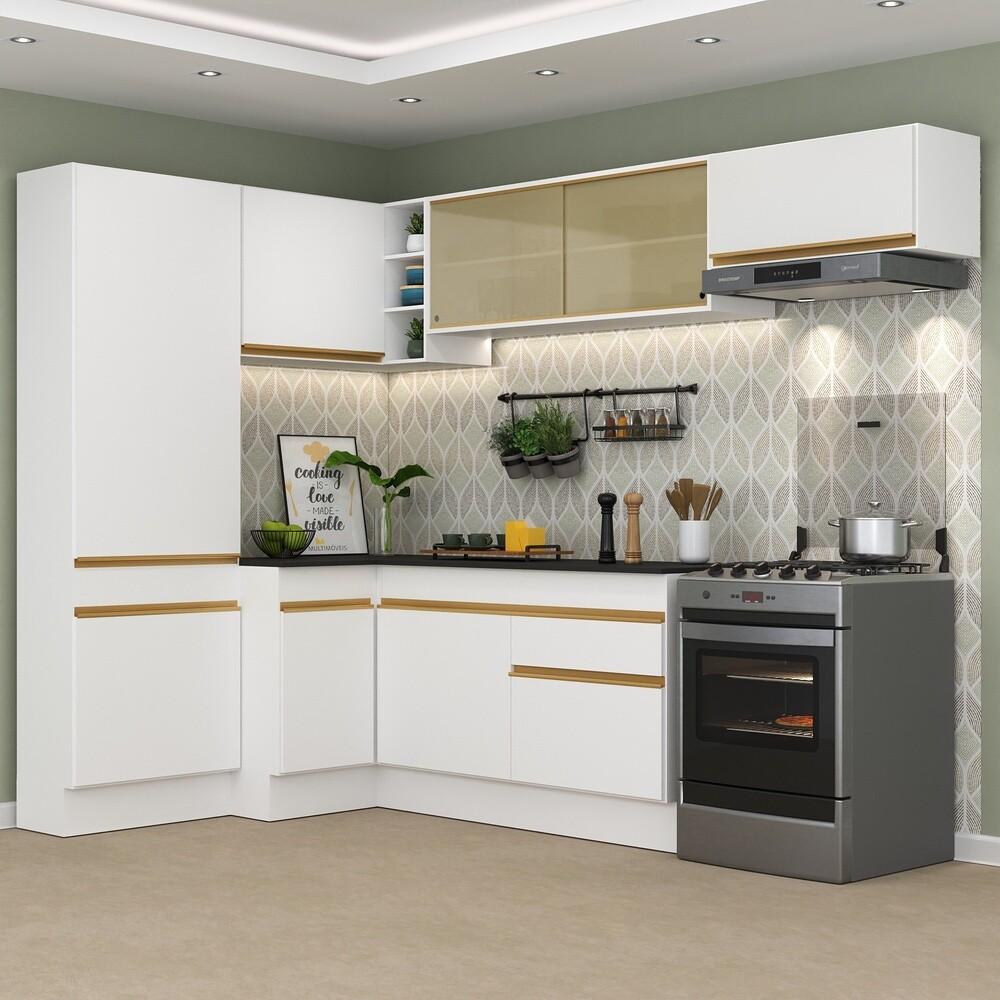 Armário de Cozinha Completa de Canto com Rodapé Veneza Multimóveis V2087  Branco/Dourado