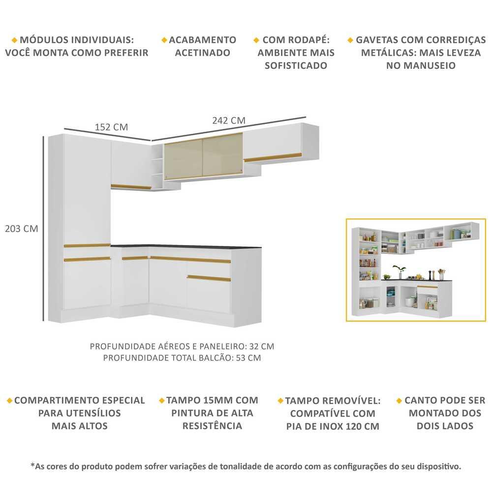 Armário de Cozinha Completa de Canto com Rodapé Veneza Multimóveis V2087  Branco/Dourado