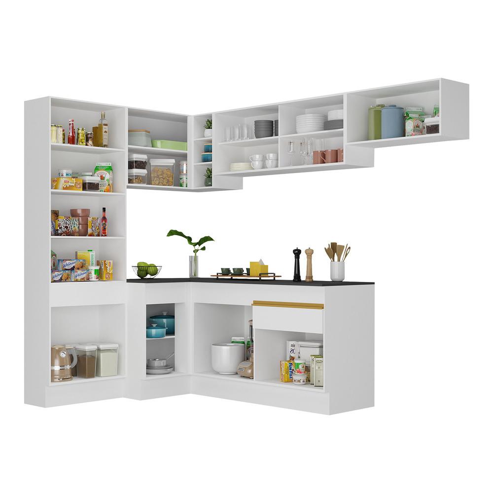 Armário de Cozinha Completa de Canto com Rodapé Veneza Multimóveis V2087  Branco/Dourado