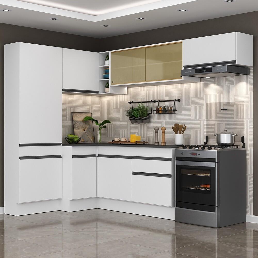 Armário de Cozinha Completa de Canto com Rodapé Veneza Multimóveis V2087  Branco/Preto