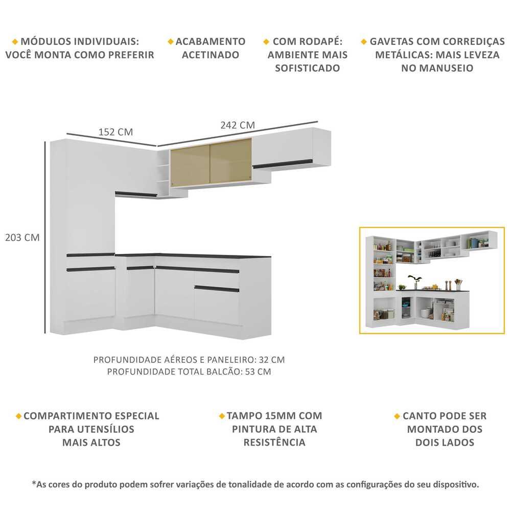 Armário de Cozinha Completa de Canto com Rodapé Veneza Multimóveis V2087  Branco/Preto