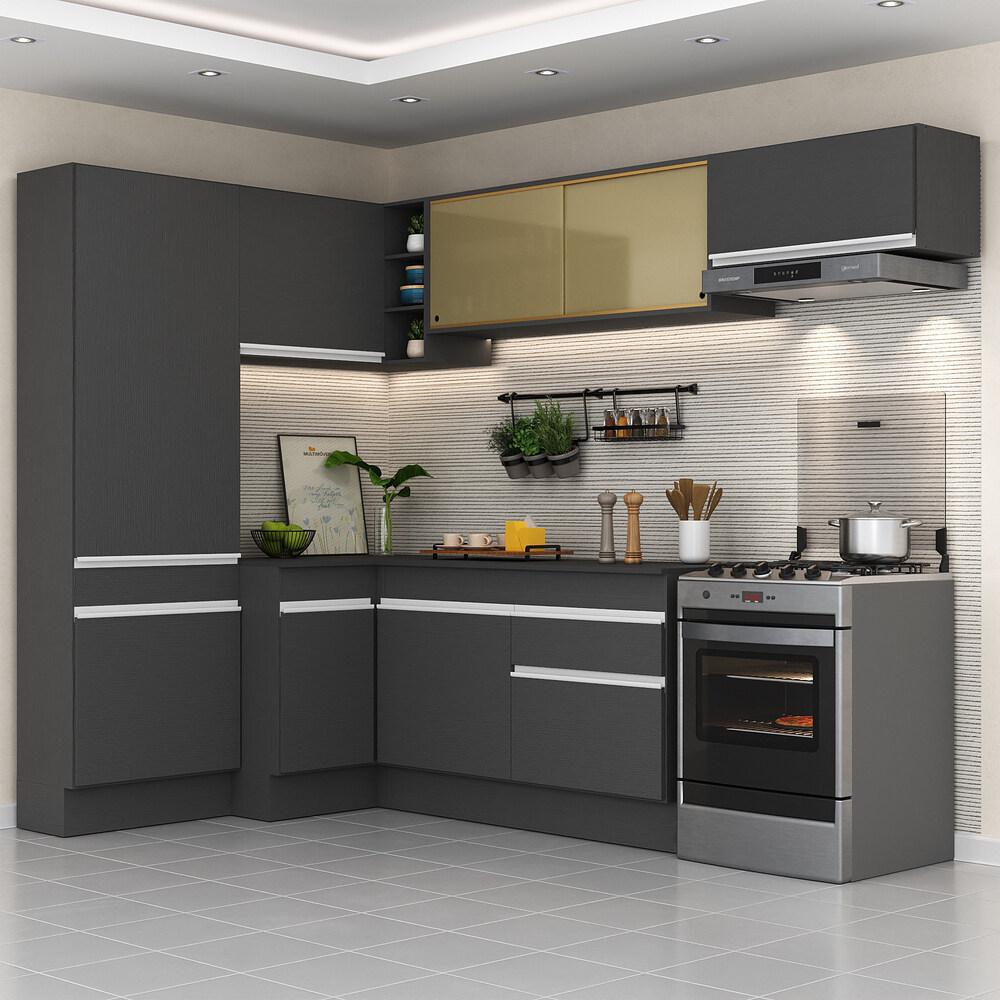 Armário de Cozinha Completa de Canto com Rodapé Veneza Multimóveis V2087  Preto/Branco