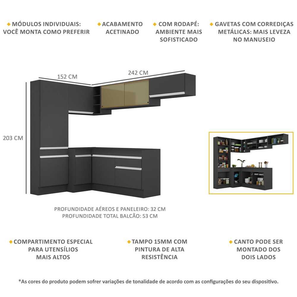 Armário de Cozinha Completa de Canto com Rodapé Veneza Multimóveis V2087  Preto/Branco