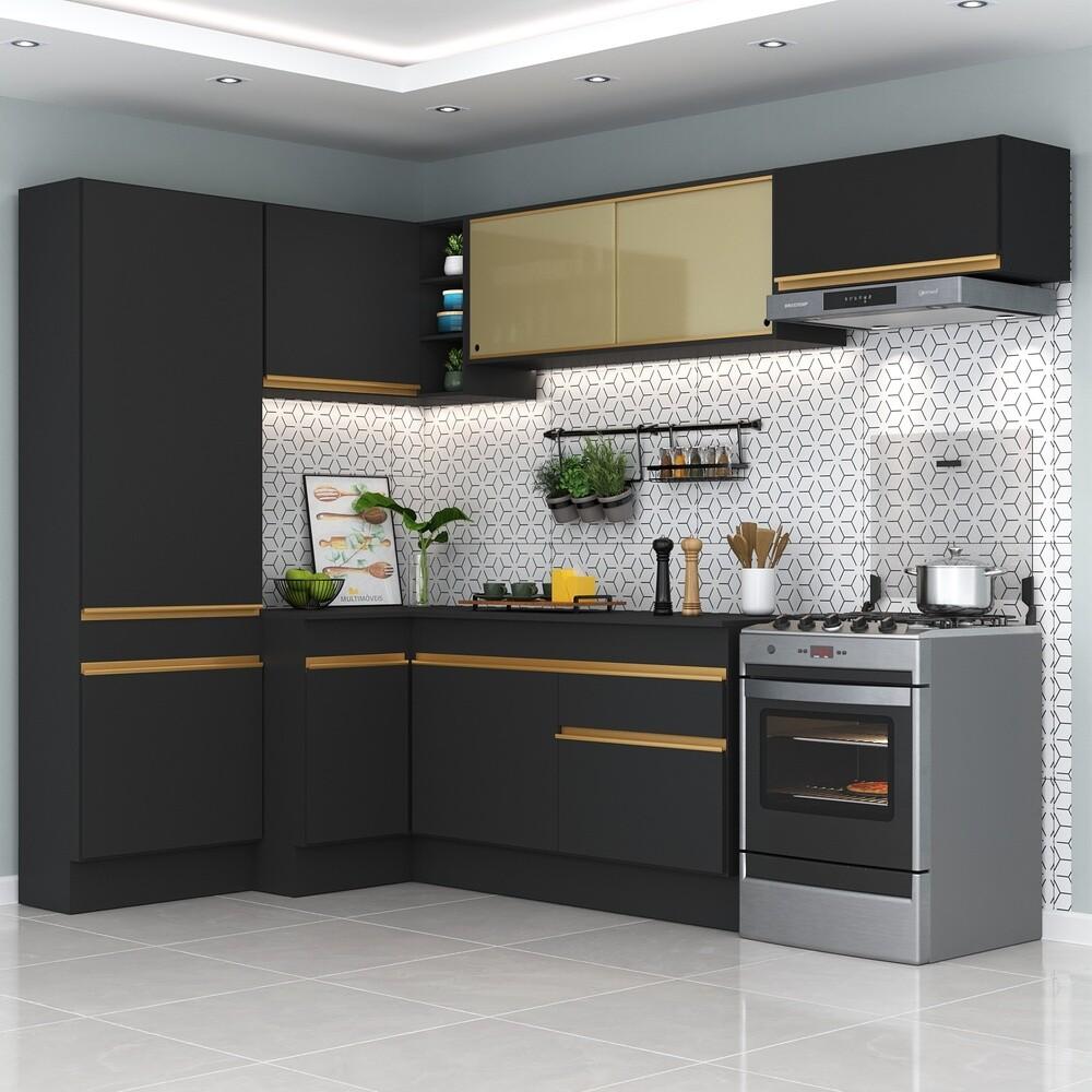 Armário de Cozinha Completa de Canto com Rodapé Veneza Multimóveis V2087  Preto/Dourado