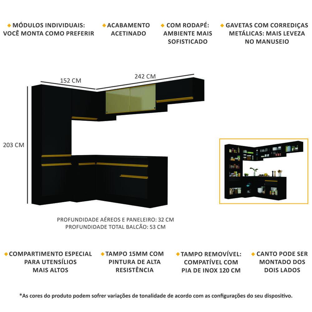 Armário de Cozinha Completa de Canto com Rodapé Veneza Multimóveis V2087  Preto/Dourado