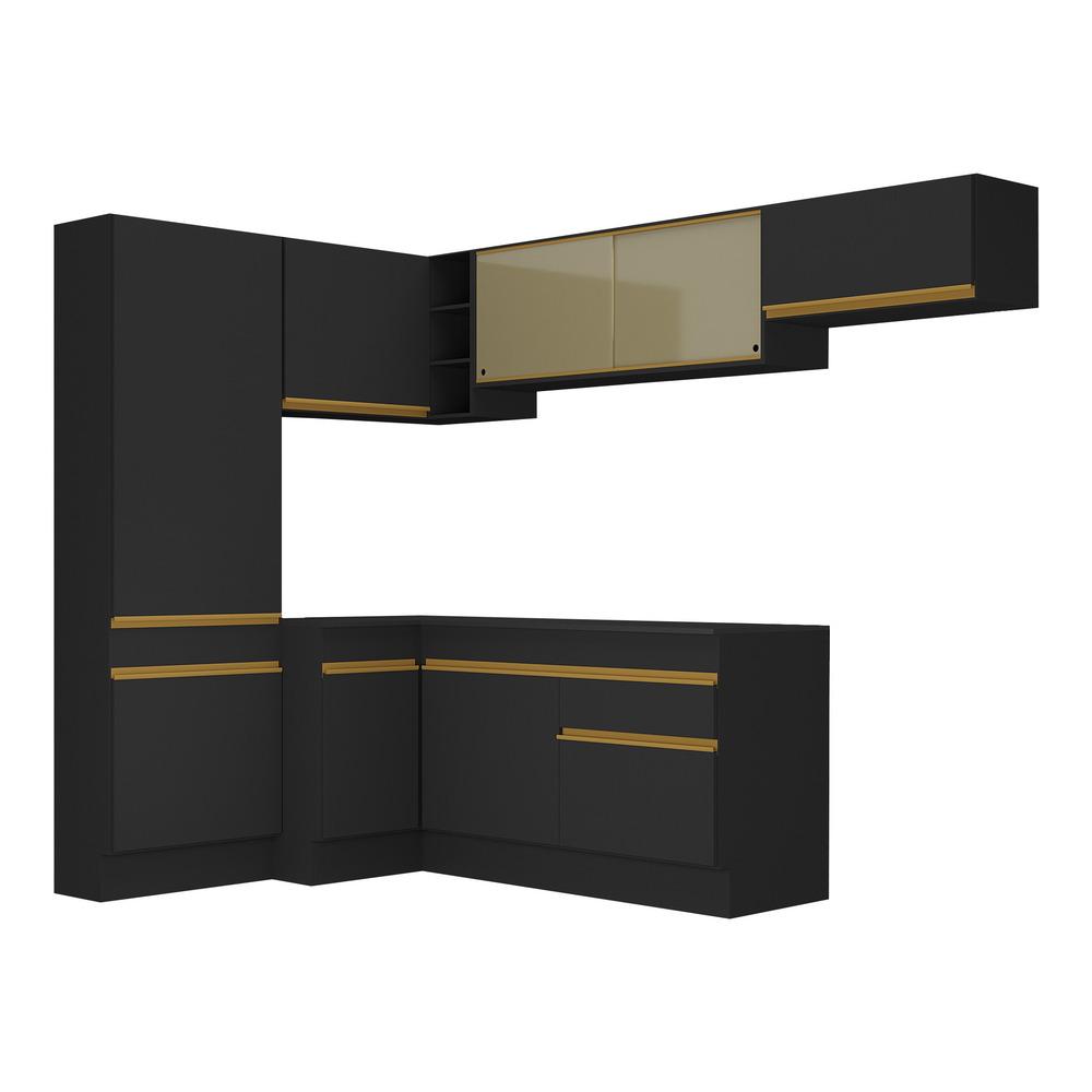 Armário de Cozinha Completa de Canto com Rodapé Veneza Multimóveis V2087  Preto/Dourado