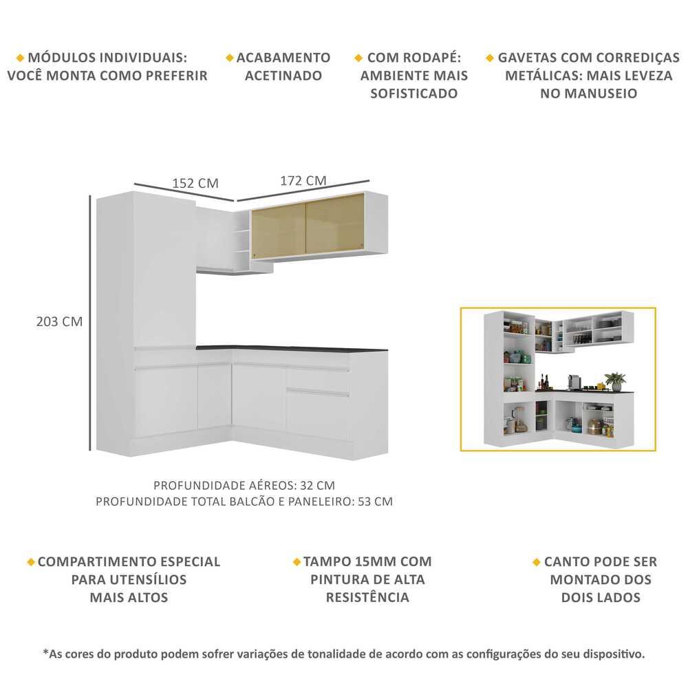Armário de Cozinha Completa de Canto com Rodapé Veneza Multimóveis V2088  Branco