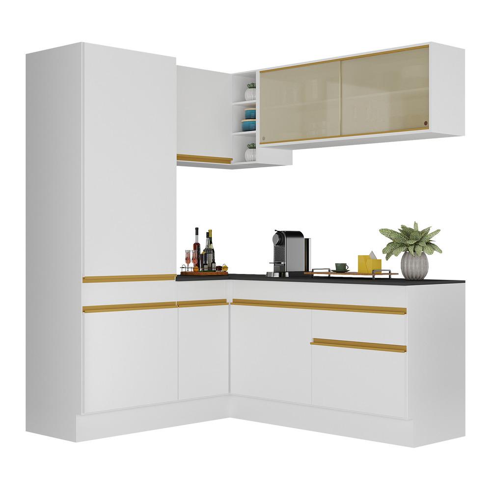 Armário de Cozinha Completa de Canto com Rodapé Veneza Multimóveis V2088  Branco/Dourado