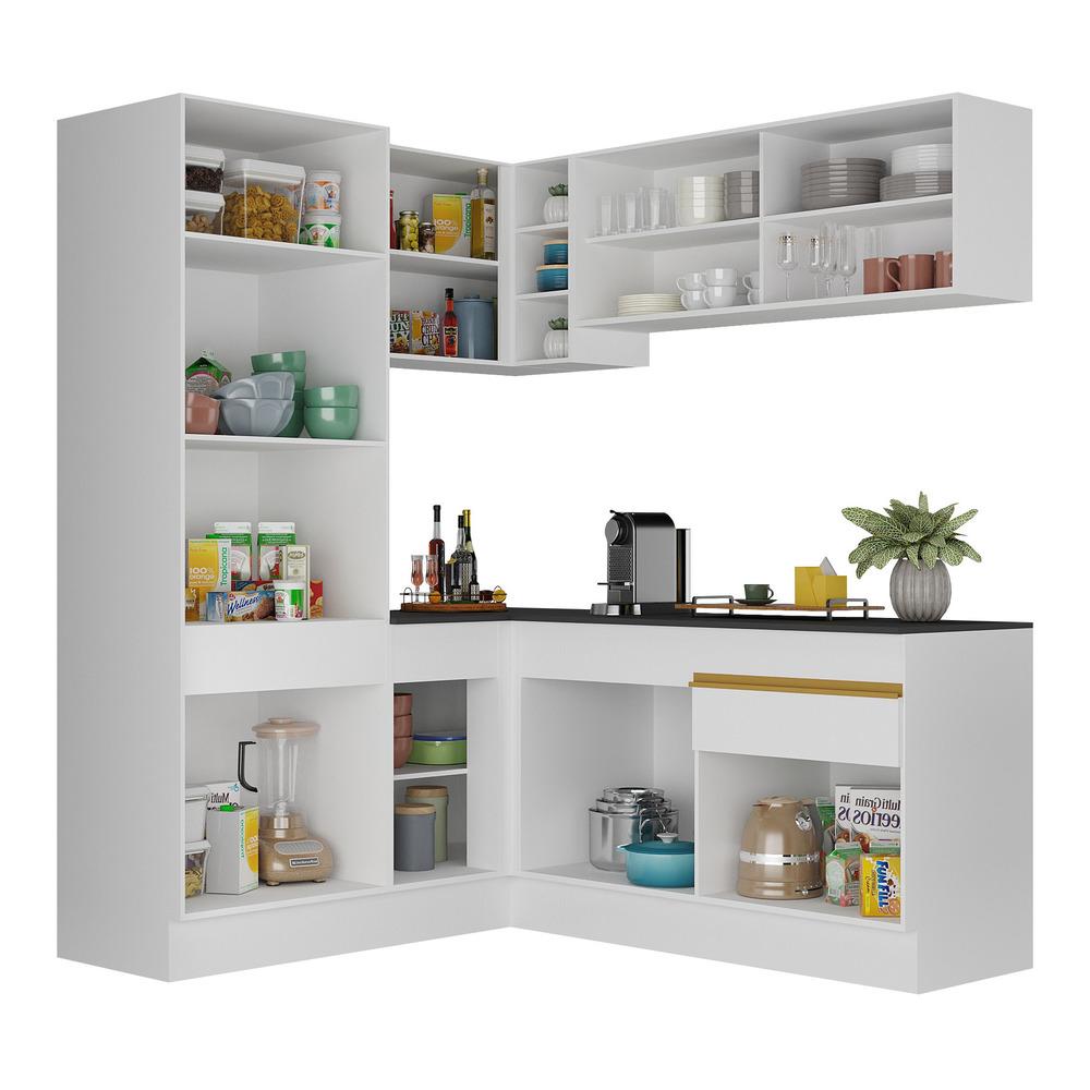 Armário de Cozinha Completa de Canto com Rodapé Veneza Multimóveis V2088  Branco/Dourado