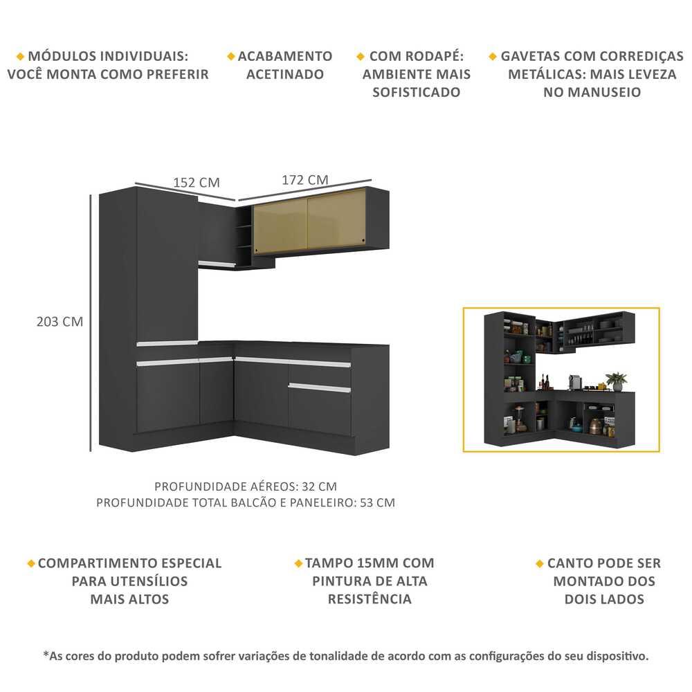Armário de Cozinha Completa de Canto com Rodapé Veneza Multimóveis V2088  Preto/Branco