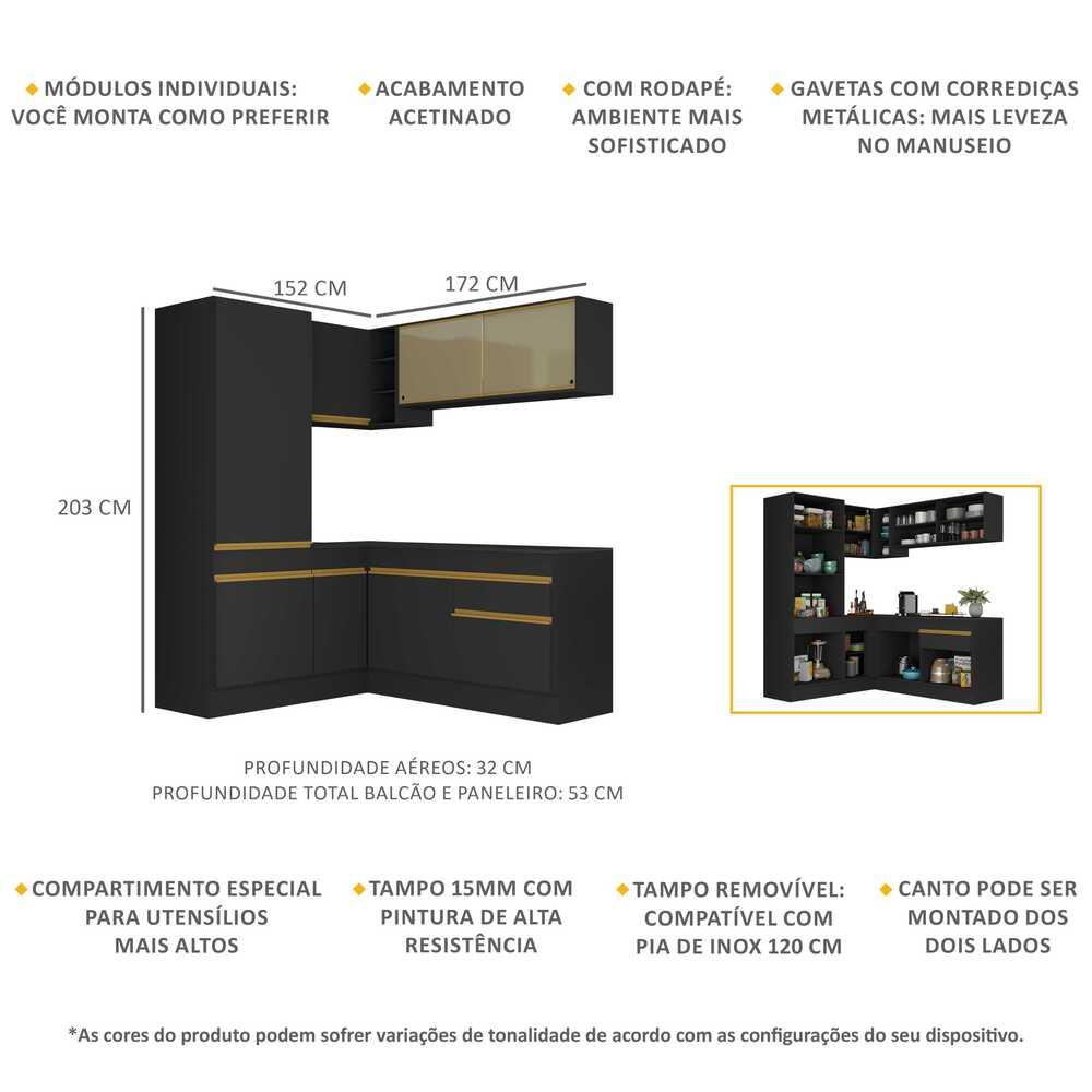Armário de Cozinha Completa de Canto com Rodapé Veneza Multimóveis V2088  Preto/Dourado