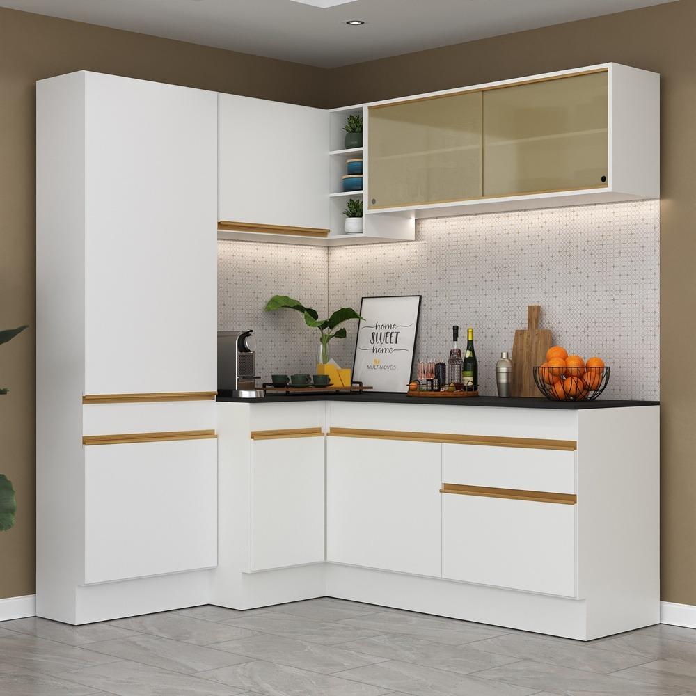 Armário de Cozinha Completa de Canto com Rodapé Veneza Multimóveis V2089  Branco/Dourado