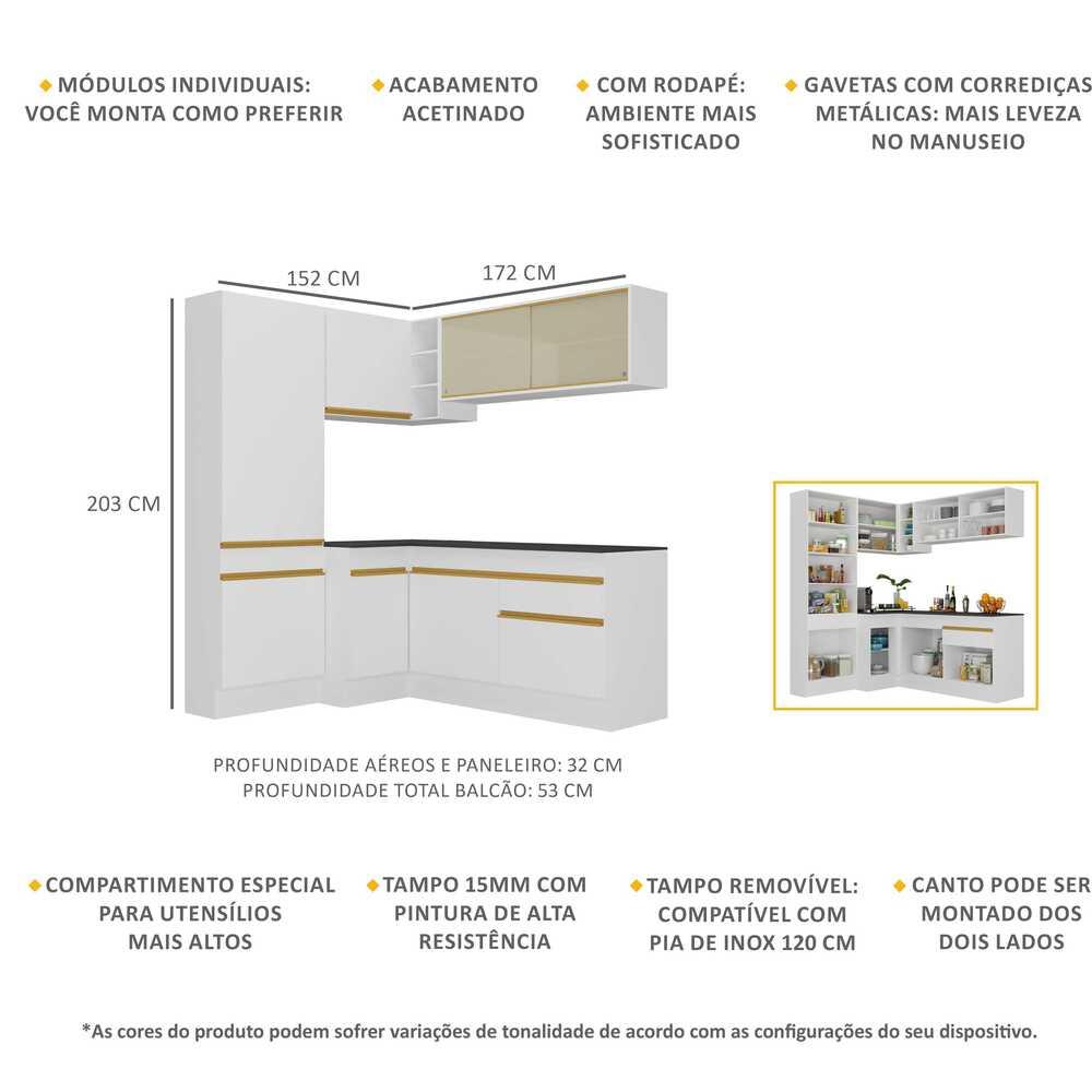 Armário de Cozinha Completa de Canto com Rodapé Veneza Multimóveis V2089  Branco/Dourado