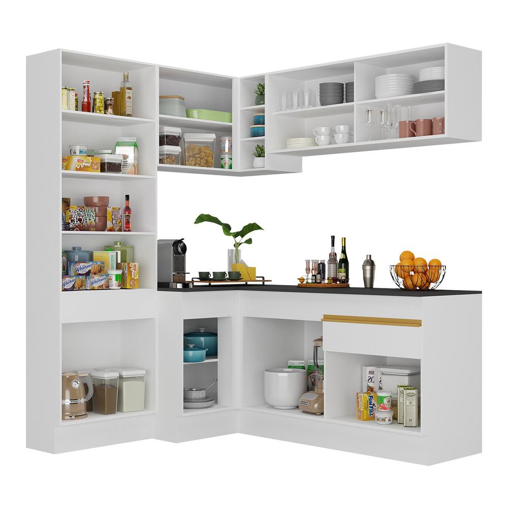 Armário de Cozinha Completa de Canto com Rodapé Veneza Multimóveis V2089  Branco/Dourado
