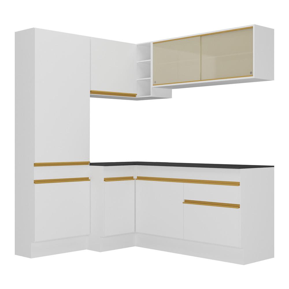 Armário de Cozinha Completa de Canto com Rodapé Veneza Multimóveis V2089  Branco/Dourado