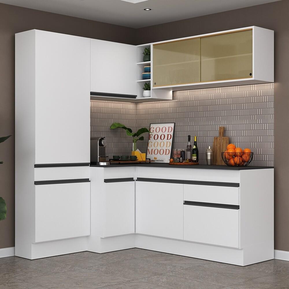 Armário de Cozinha Completa de Canto com Rodapé Veneza Multimóveis V2089  Branco/Preto