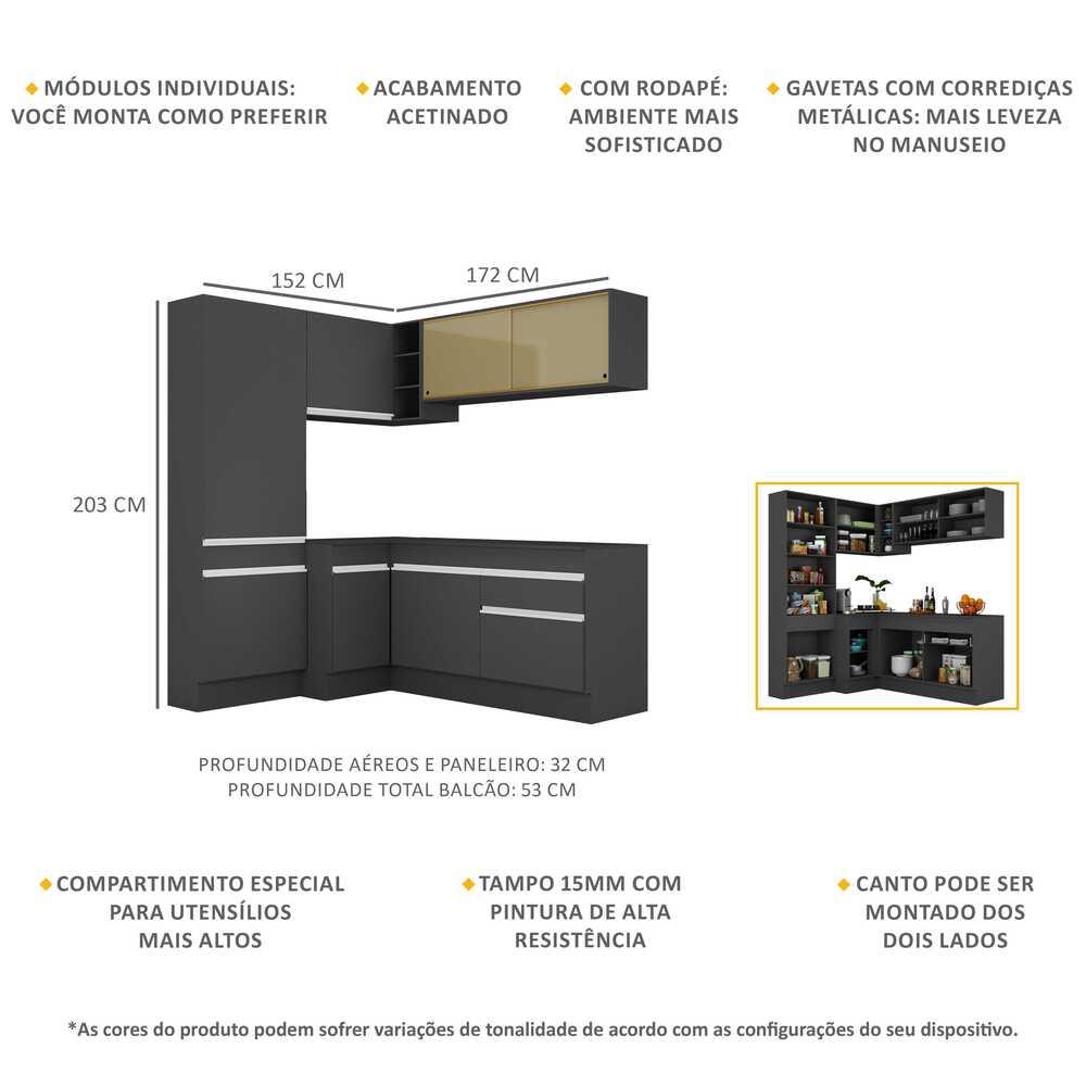 Armário de Cozinha Completa de Canto com Rodapé Veneza Multimóveis V2089  Preto/Branco