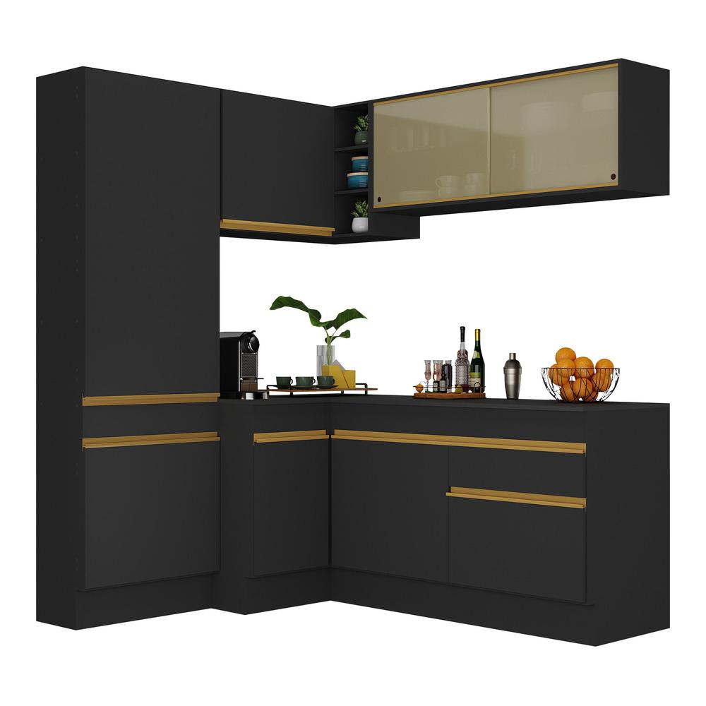Armário de Cozinha Completa de Canto com Rodapé Veneza Multimóveis V2089  Preto/Dourado
