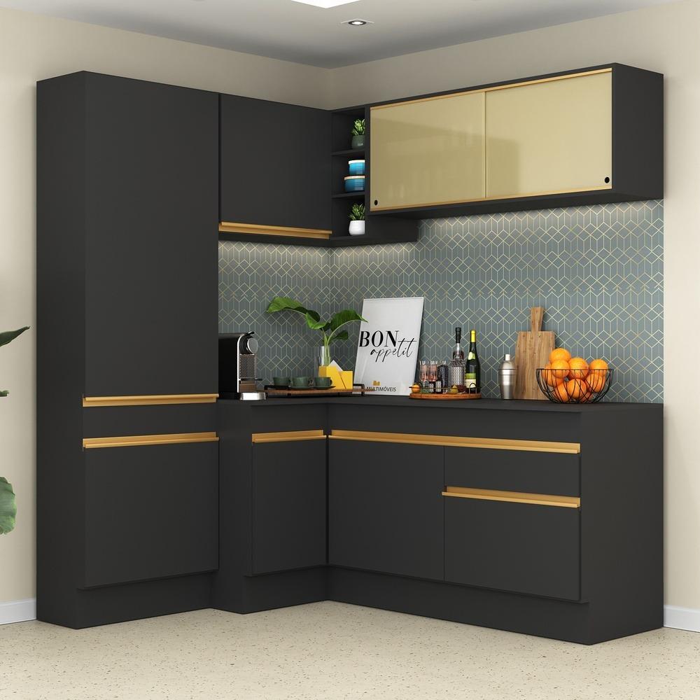 Armário de Cozinha Completa de Canto com Rodapé Veneza Multimóveis V2089  Preto/Dourado