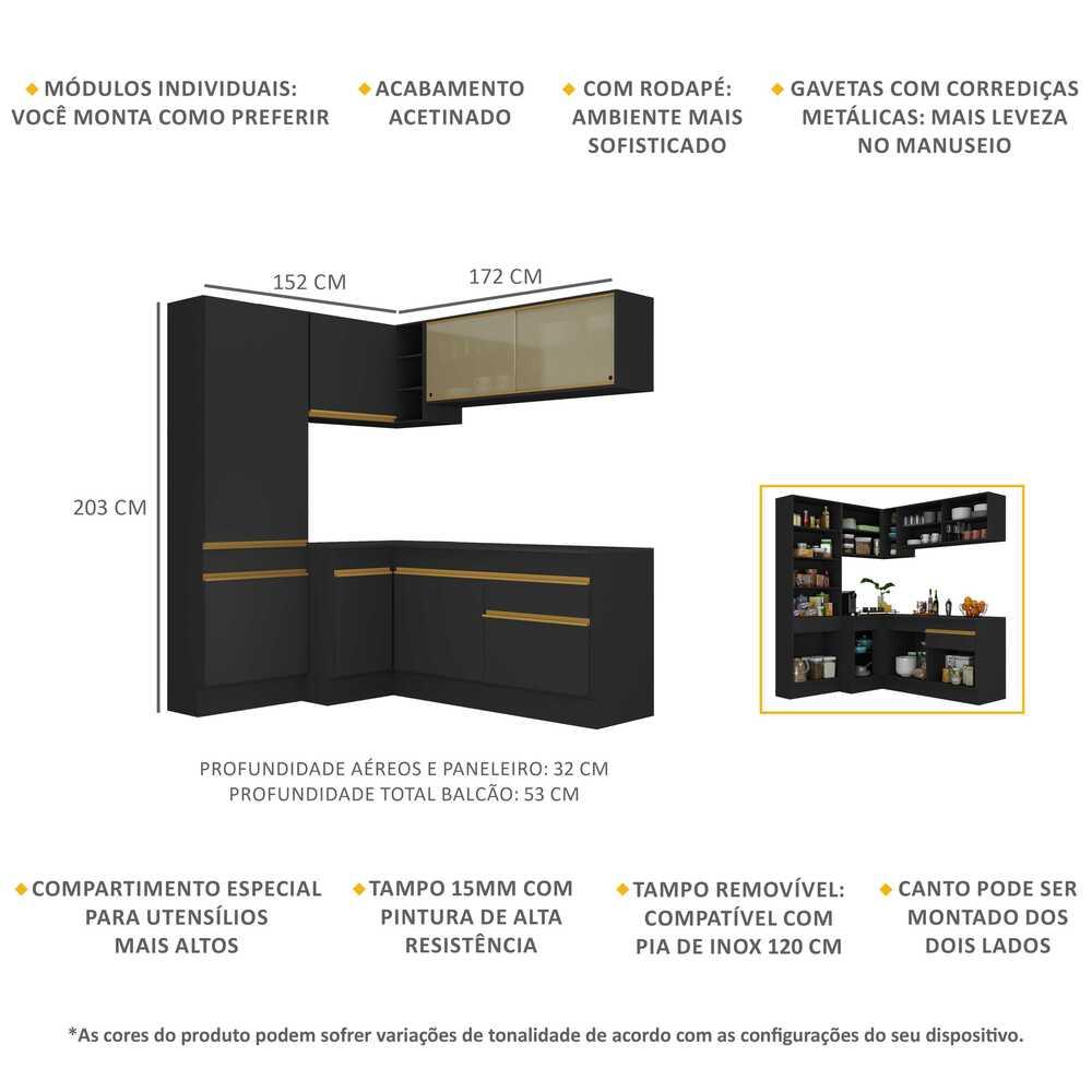 Armário de Cozinha Completa de Canto com Rodapé Veneza Multimóveis V2089  Preto/Dourado