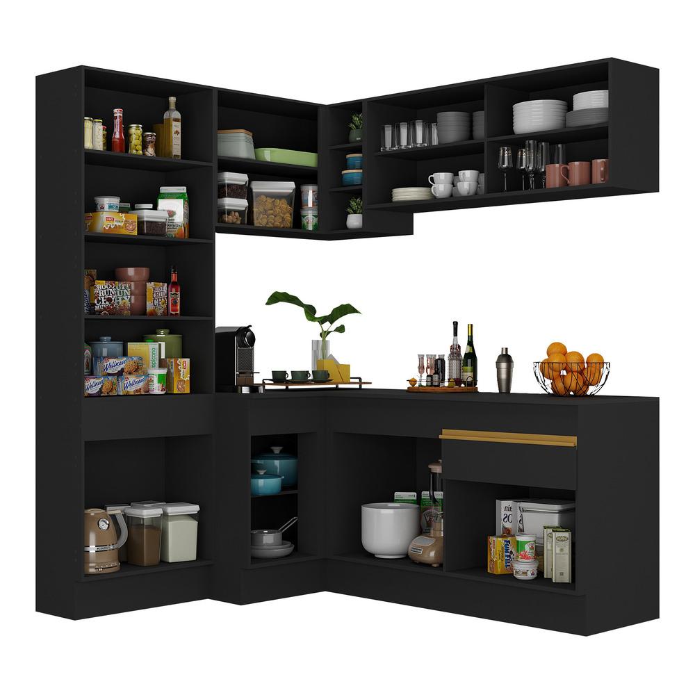 Armário de Cozinha Completa de Canto com Rodapé Veneza Multimóveis V2089  Preto/Dourado