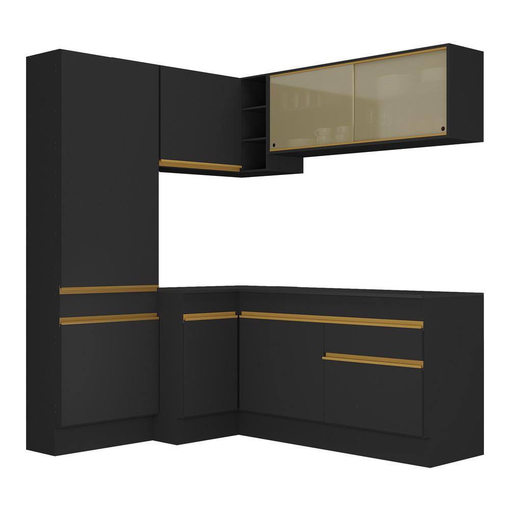 Armário de Cozinha Completa de Canto com Rodapé Veneza Multimóveis V2089  Preto/Dourado