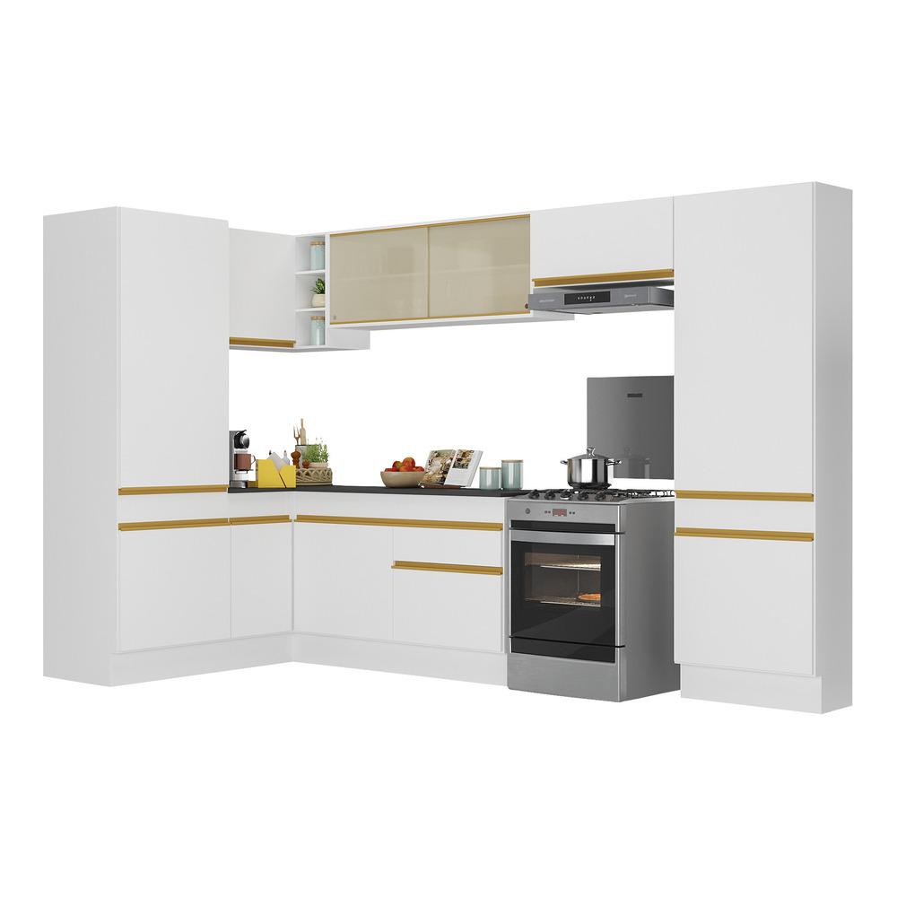 Armário de Cozinha Completa de Canto com Rodapé Veneza Multimóveis V2090  Branco/Dourado