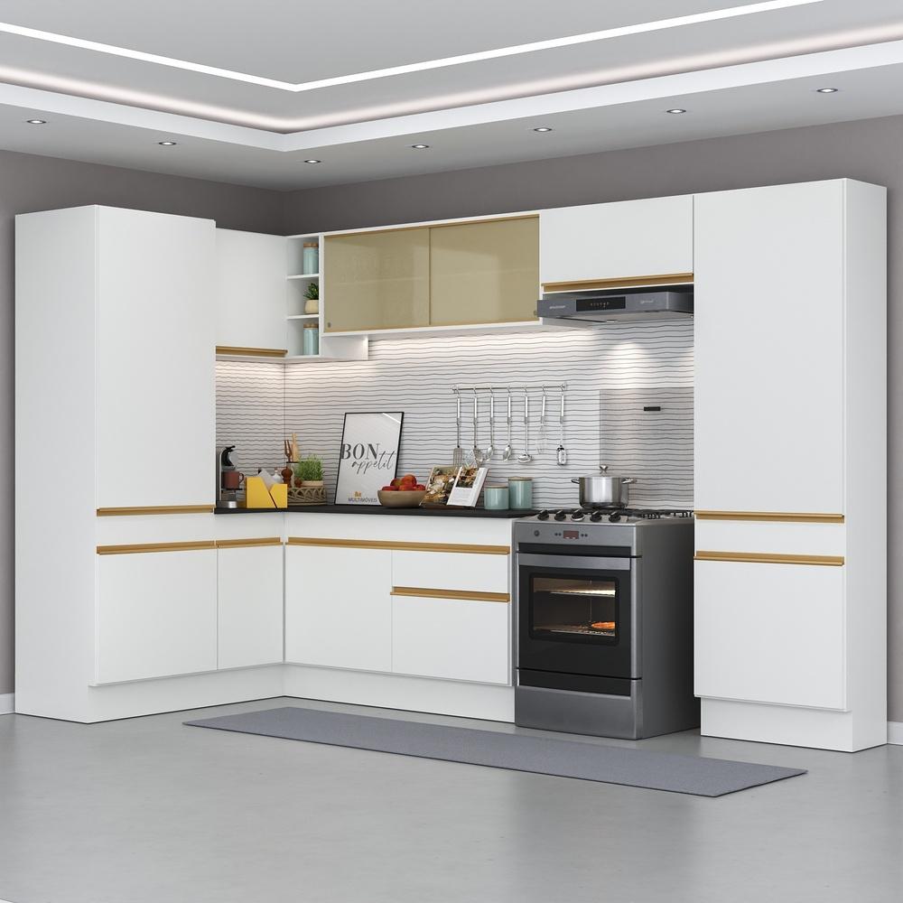 Armário de Cozinha Completa de Canto com Rodapé Veneza Multimóveis V2090  Branco/Dourado
