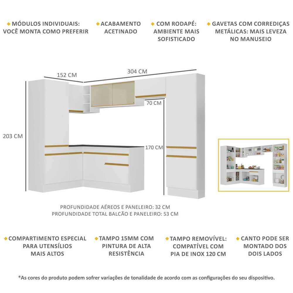 Armário de Cozinha Completa de Canto com Rodapé Veneza Multimóveis V2090  Branco/Dourado