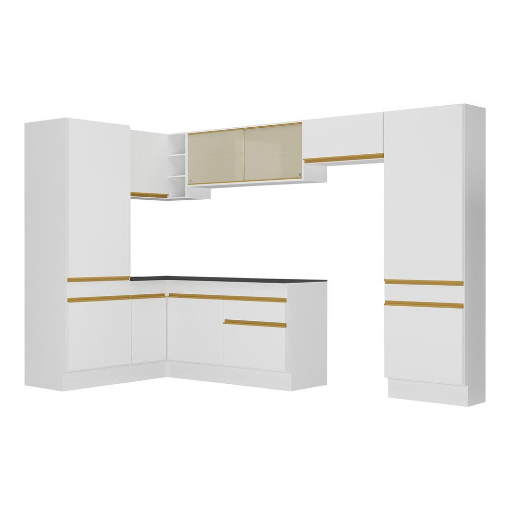 Armário de Cozinha Completa de Canto com Rodapé Veneza Multimóveis V2090  Branco/Dourado
