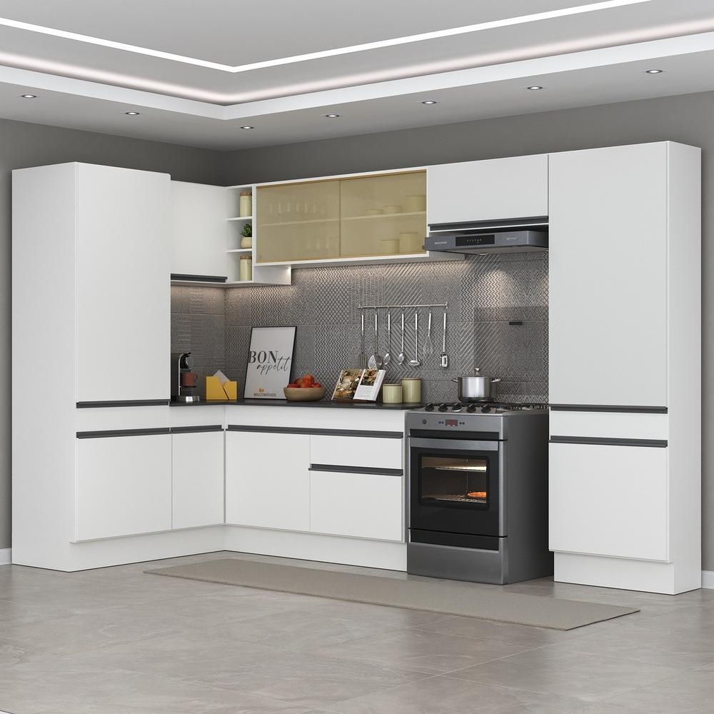 Armário de Cozinha Completa de Canto com Rodapé Veneza Multimóveis V2090  Branco/Preto