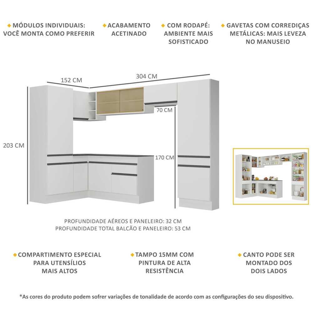 Armário de Cozinha Completa de Canto com Rodapé Veneza Multimóveis V2090  Branco/Preto