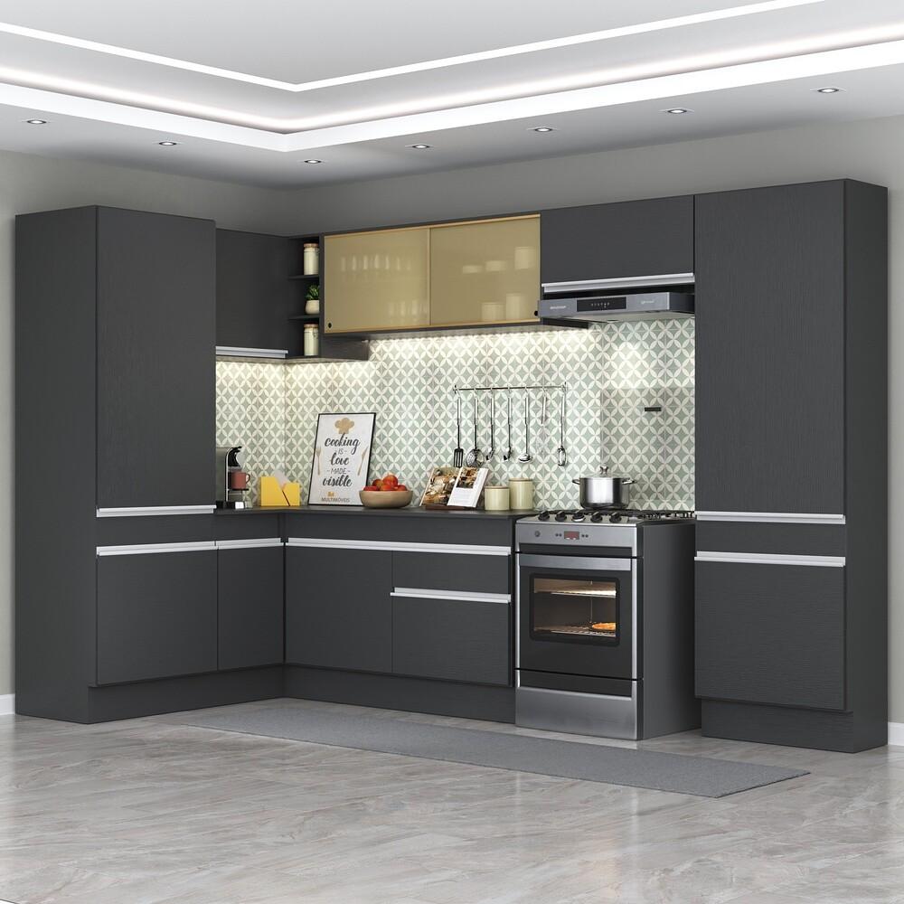 Armário de Cozinha Completa de Canto com Rodapé Veneza Multimóveis V2090  Preto/Branco