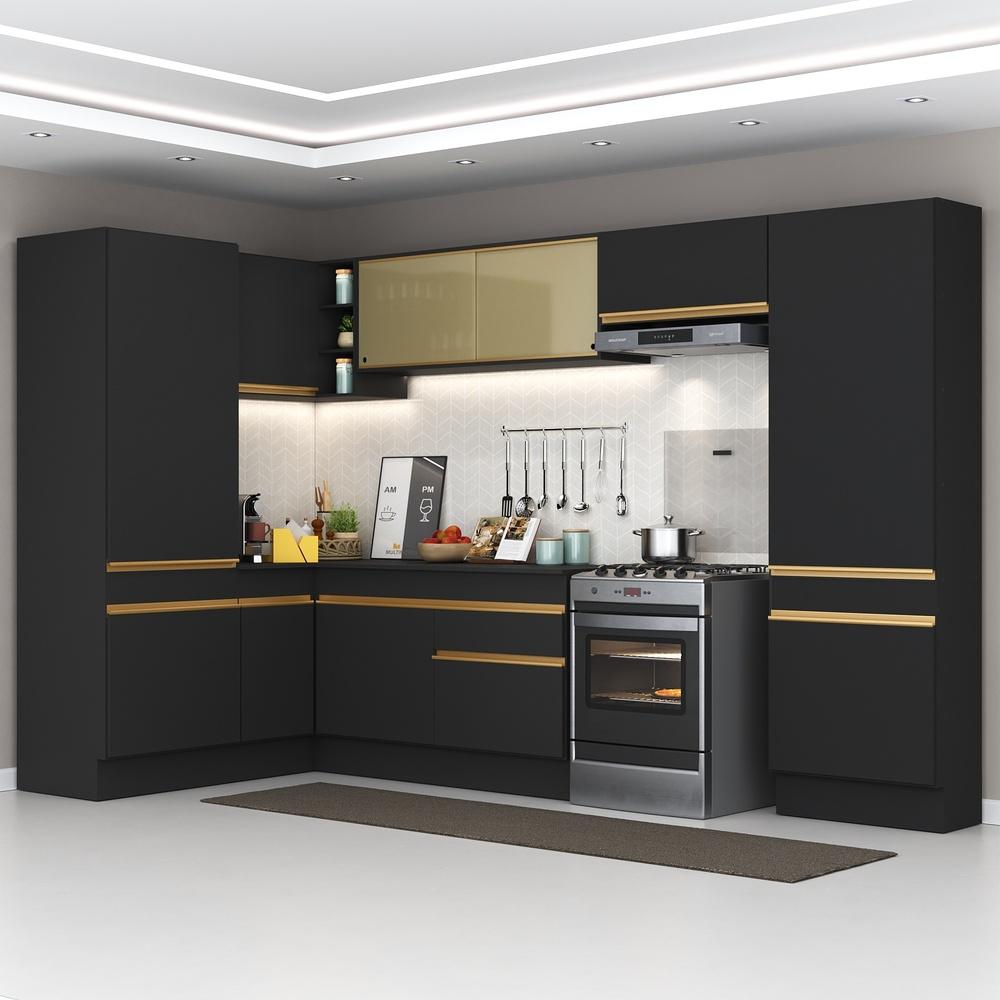 Armário de Cozinha Completa de Canto com Rodapé Veneza Multimóveis V2090  Preto/Dourado