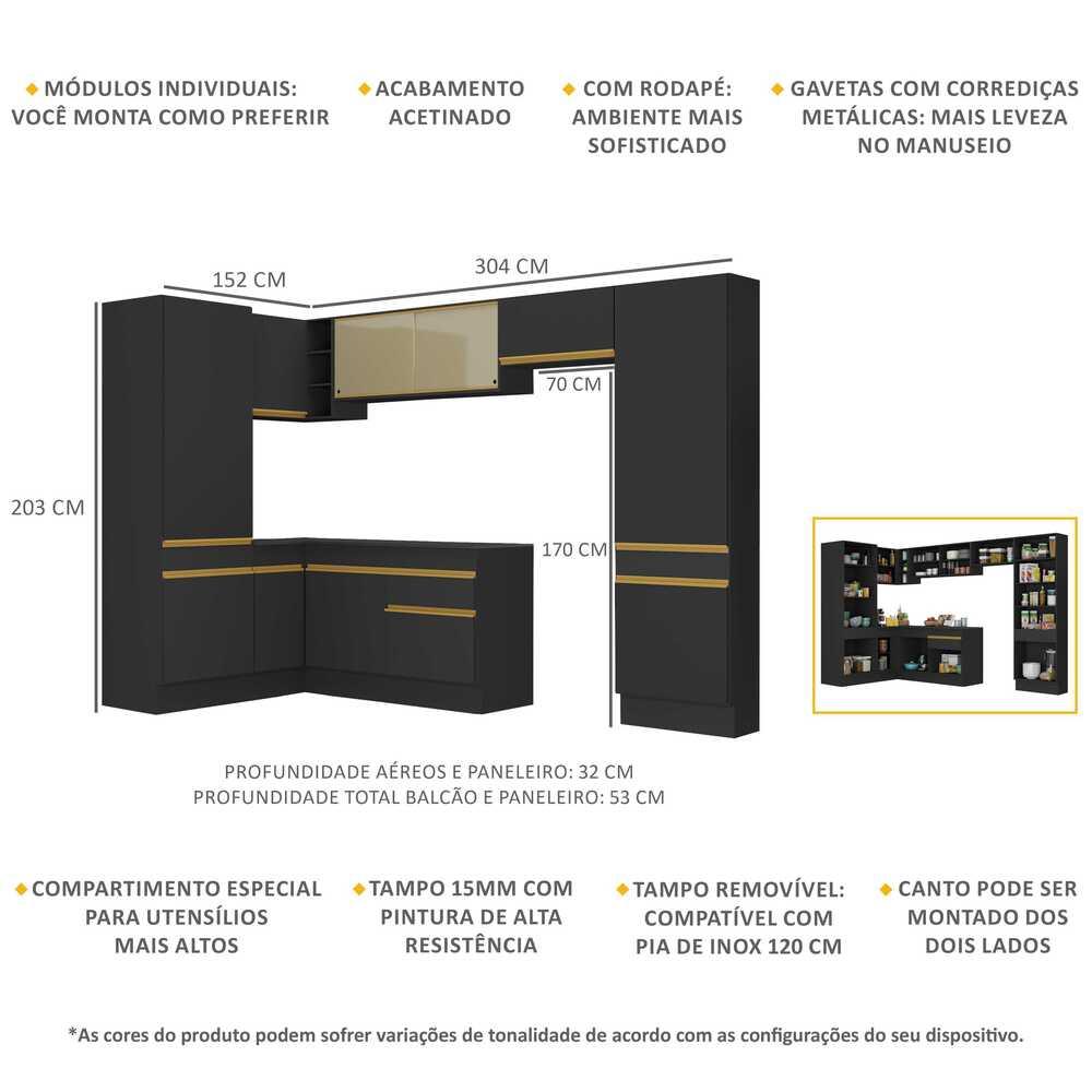 Armário de Cozinha Completa de Canto com Rodapé Veneza Multimóveis V2090  Preto/Dourado