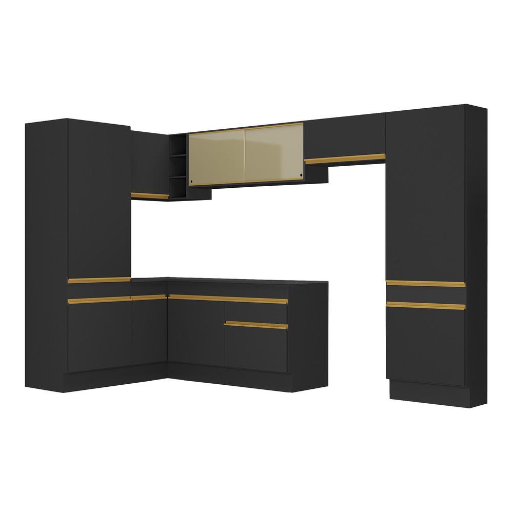 Armário de Cozinha Completa de Canto com Rodapé Veneza Multimóveis V2090  Preto/Dourado