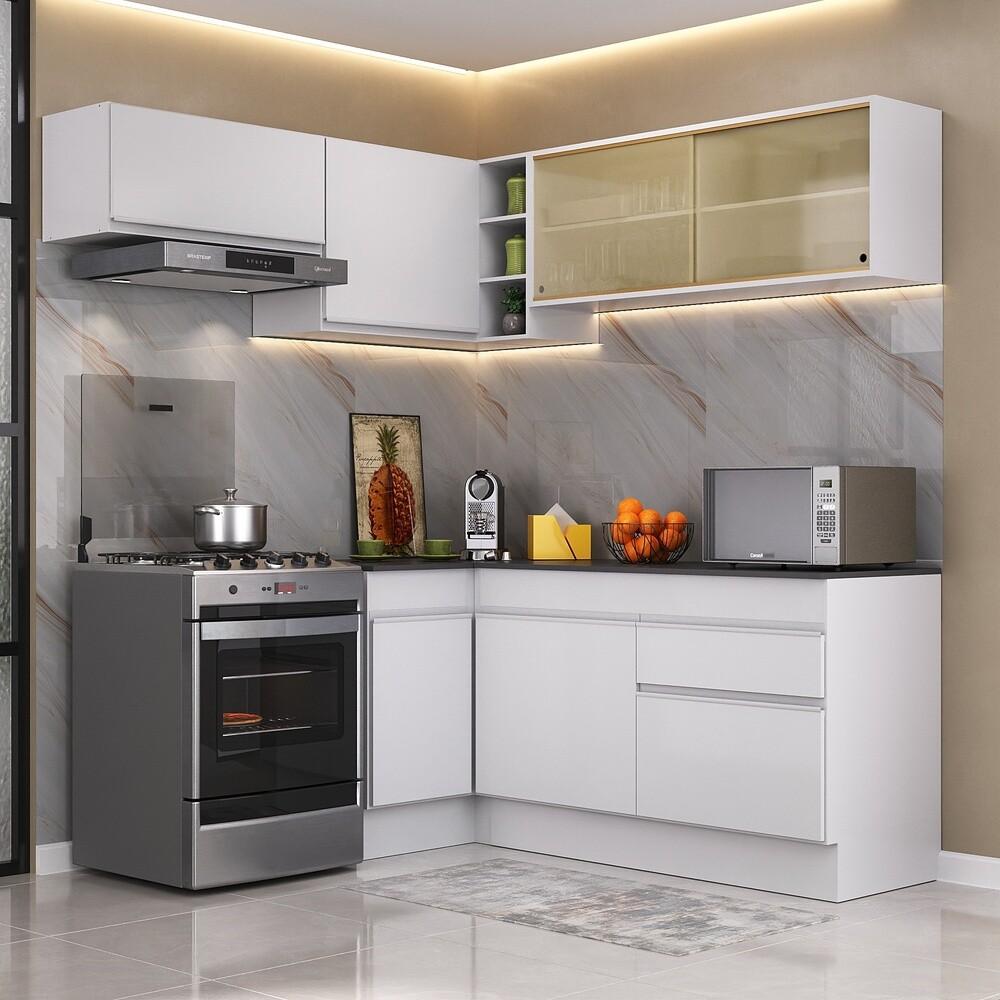 Armário de Cozinha Completa de Canto com Rodapé Veneza Multimóveis V2094  Branco