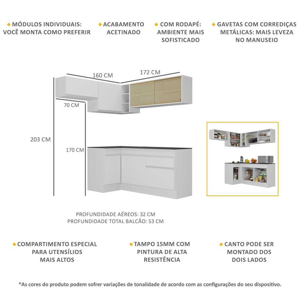 Armário de Cozinha Completa de Canto com Rodapé Veneza Multimóveis V2094  Branco