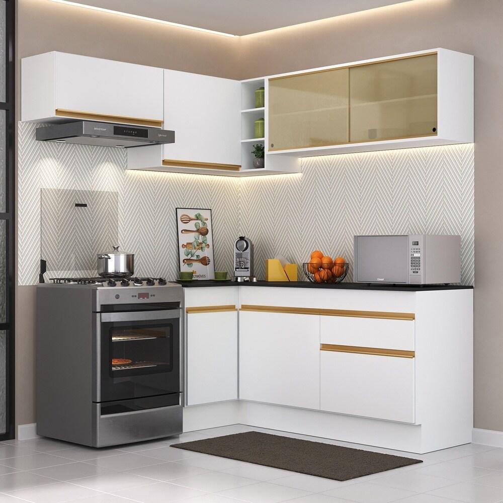 Armário de Cozinha Completa de Canto com Rodapé Veneza Multimóveis V2094  Branco/Dourado