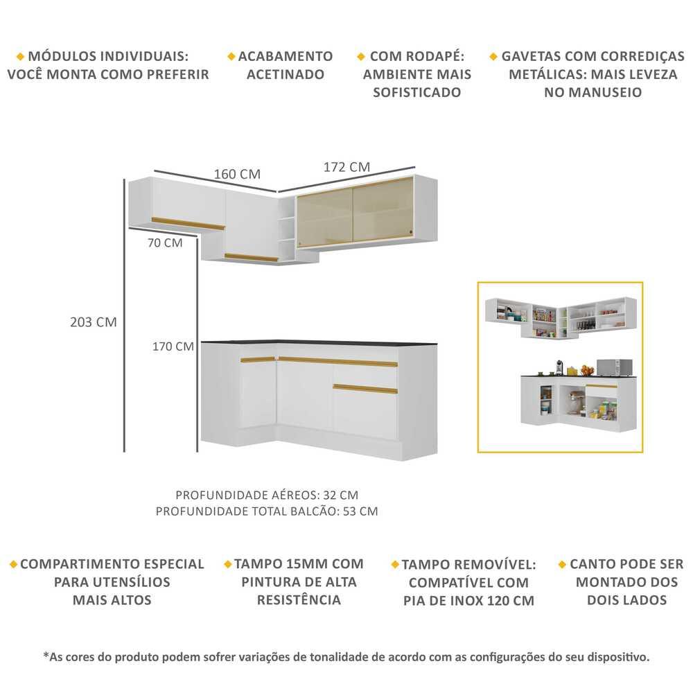 Armário de Cozinha Completa de Canto com Rodapé Veneza Multimóveis V2094  Branco/Dourado