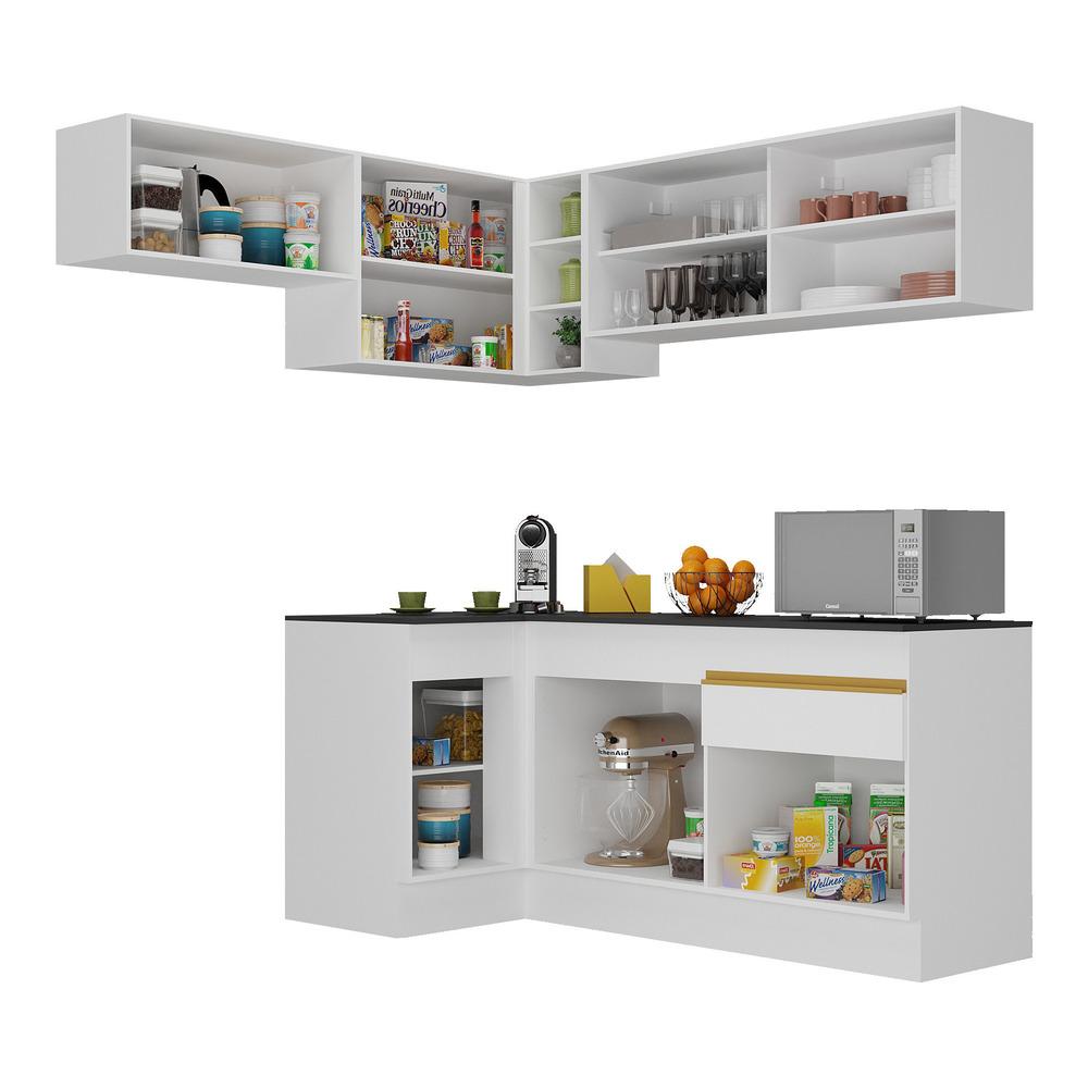 Armário de Cozinha Completa de Canto com Rodapé Veneza Multimóveis V2094  Branco/Dourado