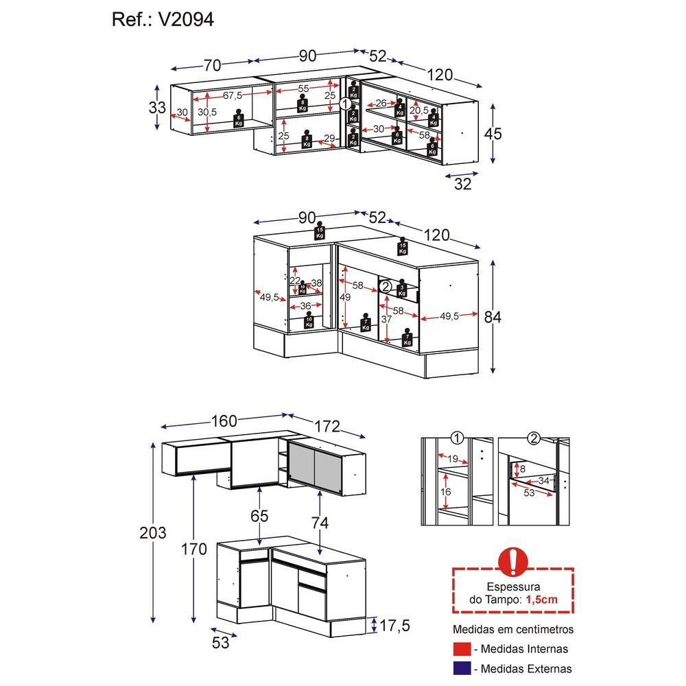 Armário de Cozinha Completa de Canto com Rodapé Veneza Multimóveis V2094  Branco/Preto