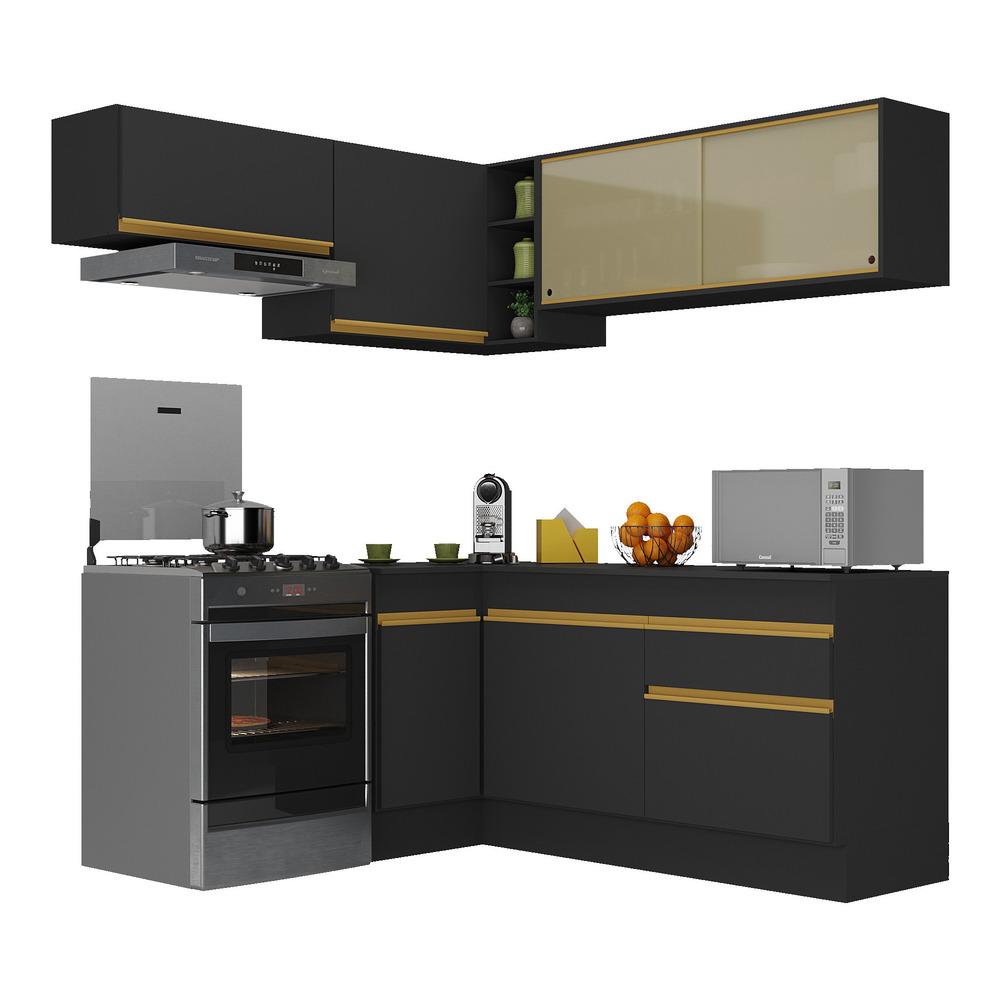 Armário de Cozinha Completa de Canto com Rodapé Veneza Multimóveis V2094  Preto/Dourado