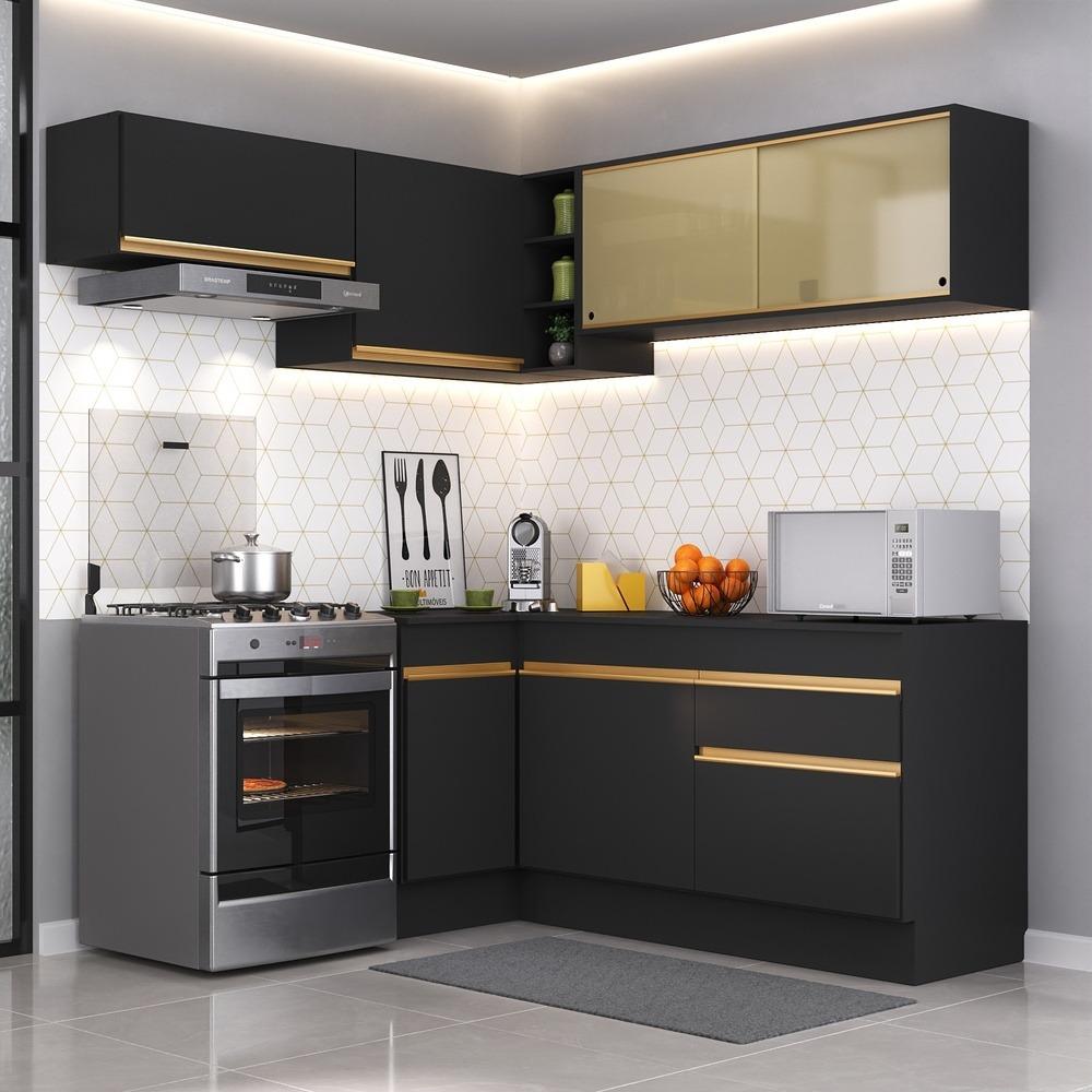 Armário de Cozinha Completa de Canto com Rodapé Veneza Multimóveis V2094  Preto/Dourado