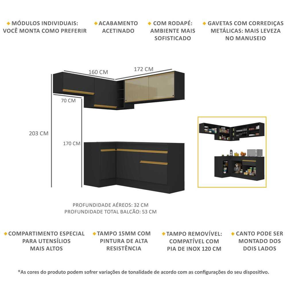 Armário de Cozinha Completa de Canto com Rodapé Veneza Multimóveis V2094  Preto/Dourado