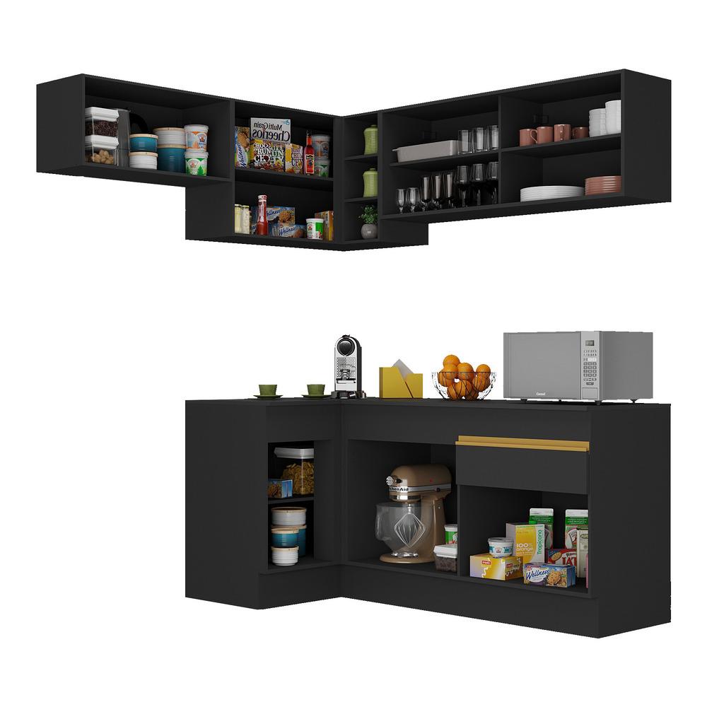 Armário de Cozinha Completa de Canto com Rodapé Veneza Multimóveis V2094  Preto/Dourado