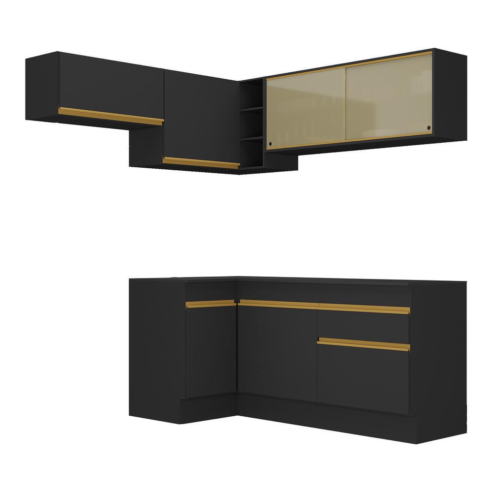 Armário de Cozinha Completa de Canto com Rodapé Veneza Multimóveis V2094  Preto/Dourado